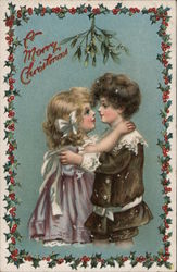 A Merry Christmas -- Children Under Mistletoe Postcard