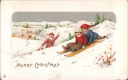 Merry Christmas: Snowboarding down a snowy hillside Children Postcard Postcard Postcard