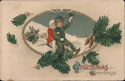 Christmas Greetings -- Two Children on Sled Postcard