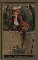 No Trespassing, Woman Climbing over a Fence Postcard