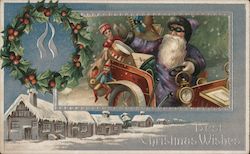 Santa in Purple Driving Car - Best Christmas Wishes Postcard