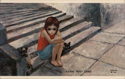 "Out After Dark" Big Eye Girl Sitting on the Steps With Cats, Keane Postcard