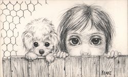 Big Eye Girl & Poodle Looking Over Fence - Pencil by Keane, Autographed Postcard