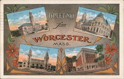 Greetings from Worcester - City Hall, Post Office, Union Station, Hotel Bancroft Massachusetts Postcard Postcard Postcard