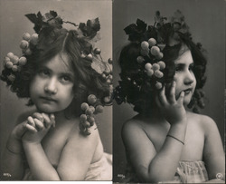 Set of 2: Young Girl Poses with Grapes and Vines in Her Hair Children Postcard Postcard Postcard