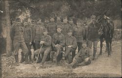 Historical outdoor photo of soldiers with horse. Postcard