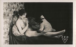 Nude Woman on Bed with Stuffed Dog Postcard