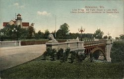 Lion Bridge and Light House at Lake Park Milwaukee, WI Postcard Postcard Postcard