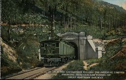 Electric Locomotive, Oriental Limited Emerge from Cascade Tunnel - Great Northern RR Postcard