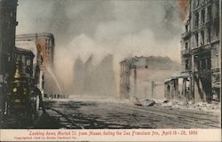 Looking down Market Street from Mason during the fire, April 18-20, 1906 Postcard