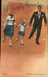 A Family Recreation Man Woman and Girl Roller Skating Postcard