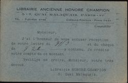 Librairie Ancienne Honore Champion Receipt Paris, France Postcard Postcard Postcard