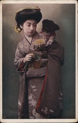 Japanese Girl with Porcelain Doll and Chrysanthemum Postcard Postcard Postcard