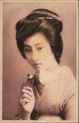 Geisha Holding Cherry Blossoms Japan Postcard Postcard Postcard