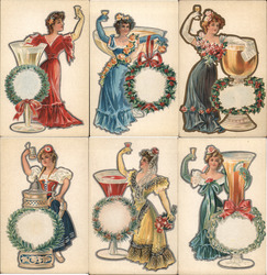 Set of 6: Toast Series #2 Women with Drinks, Goblets Christmas Postcard Postcard Postcard