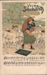 Velma Suchard, Illustration of girl walking through pasture with lambs in rain Advertising Postcard Postcard Postcard