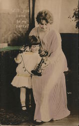 Girl holding Telephone with Mother Helping Telephones Postcard Postcard Postcard