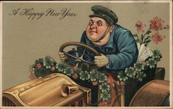 A Happy New Year - Man Driving a Car Postcard