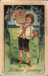 Birthday Greeting - Boy Holding Basket of Flowers Postcard Postcard Postcard