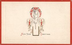 New Year's postcard with two candles on either side of a wreath and feather Postcard