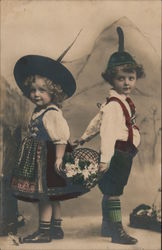 Two children back-to-back in traditional dress, sketched mountain background Postcard