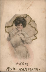 Woman with Umbrella Hand Colored Postcard