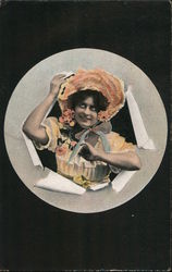 A woman with a peach colored sun bonnet pops out of a circle Postcard