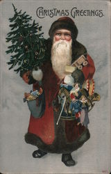 Christmas Greetings - Santa Holding Tree & Toys Postcard