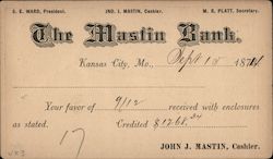 The Mastin Bank Kansas City, MO John J Mastin, Cashier Postcard