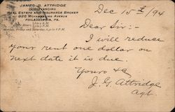 James G. Attridge to Joseph Saliskey - I'll Reduce Your Rent One Dollar Postcard