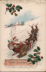 Santa Waving, Reindeer Pulling Sleigh Up a Hill Postcard