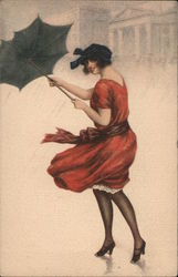 Art Deco Woman with Broken Umbrella Postcard