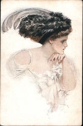 "Food for Thought" - Woman in flowing white dress with feather hat contemplating, illustration Postcard