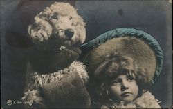 Colorized Black & White Photo Portrait of Child and Dog in Fancy Attire Dogs Postcard Postcard Postcard