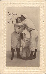 Score 3 to 1. Man hugging woman standing with woman kneeling, sport uniforms Postcard