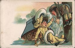 Man and woman pointing fingers, car accident, cartoon Postcard