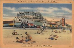 Beach Scene and Derby Racer, Another Thriller on the Gay White Way Postcard