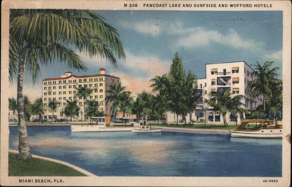 Pancoast Lake and Surfside and Wofford Hotels Miami Beach, FL Postcard