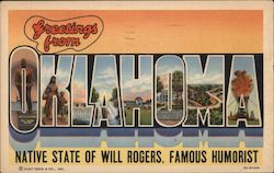 Greeting from Oklahoma, Native State of Will Rogers, Famous Humorist Postcard