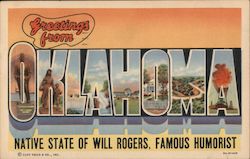 Greetings from Oklahoma, Native State of Will Rogers, Famous Humorist Postcard Postcard Postcard