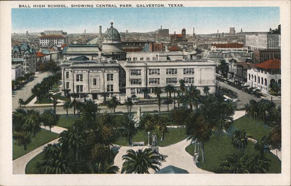 Ball High School, Showing Central Park Galveston, TX Postcard