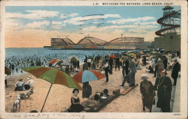 Watching the Bathers Long Beach, CA Postcard