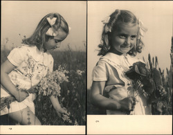 Lot of 2: Young Girl with Bow in her Hair Picking Flowers Postcard