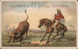 Man on horse taking down a bull Trade Card