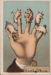 Five little pigs sitting on a man's fingers Trade Cards Trade Card Trade Card Trade Card