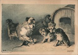 Dog catches a rat while puppies watch Trade Card