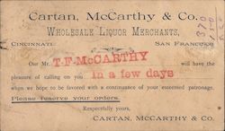 Cartan, McCarthy & Co. Wholesale Liquor Merchants Breweriana Postcard Postcard Postcard