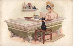 Woman Reading Letter in Bath "Coffee Time" Postcard