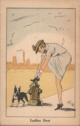 Woman Tying Shoe Using Hydrant While Dog Waits Comic, Funny Postcard Postcard Postcard