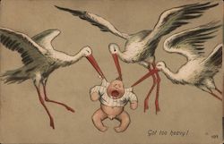 Got Too Heavy! Three Storks holding crying baby Postcard